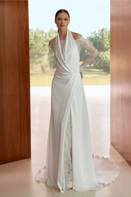 svatebni saty dolca kolekce pronovias 2026 dvoudilna sada svatebnich satu spodni dil krajkovy dlouhe rukavy vrchni dilrozparek satenovy vystrih za krk