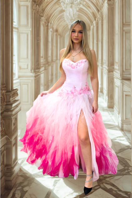 ruzove spolecenske saty tylova vrstvena sukne s rozparkem korzet bez raminek