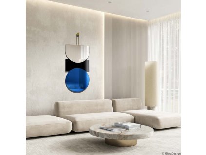 Lustro dekoracyjne czarno niebieskie Sign Temo w nowoczesnym bezowym salonie. GieraDesign