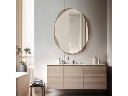 Osmo hnědé, nepravidelné koupelnové zrcadlo nad umyvadlem v moderní koupelně. GieraDesign