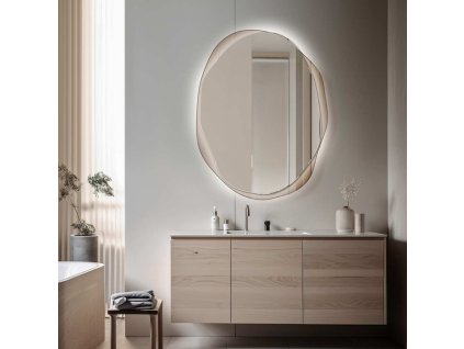Osmo hnědé osvětlené koupelnové zrcadlo nepravidelného tvaru v moderní koupelně.