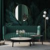 Lustro Ring Ambient w eleganckim salonie na tle tapety w kolorze butelkowej zieleni. GieraDesign