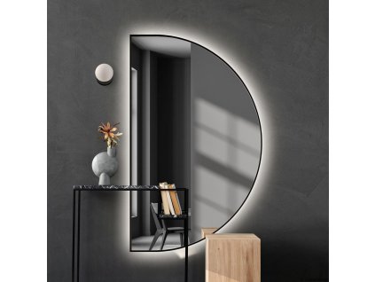 Lustro Portal Wide podswietlane w czarnej ramie, za konsola w salonie GieraDesign