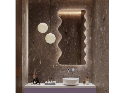 Lustro Rumba falowane podswietlane nad umywalka w lazience. GieraDesign