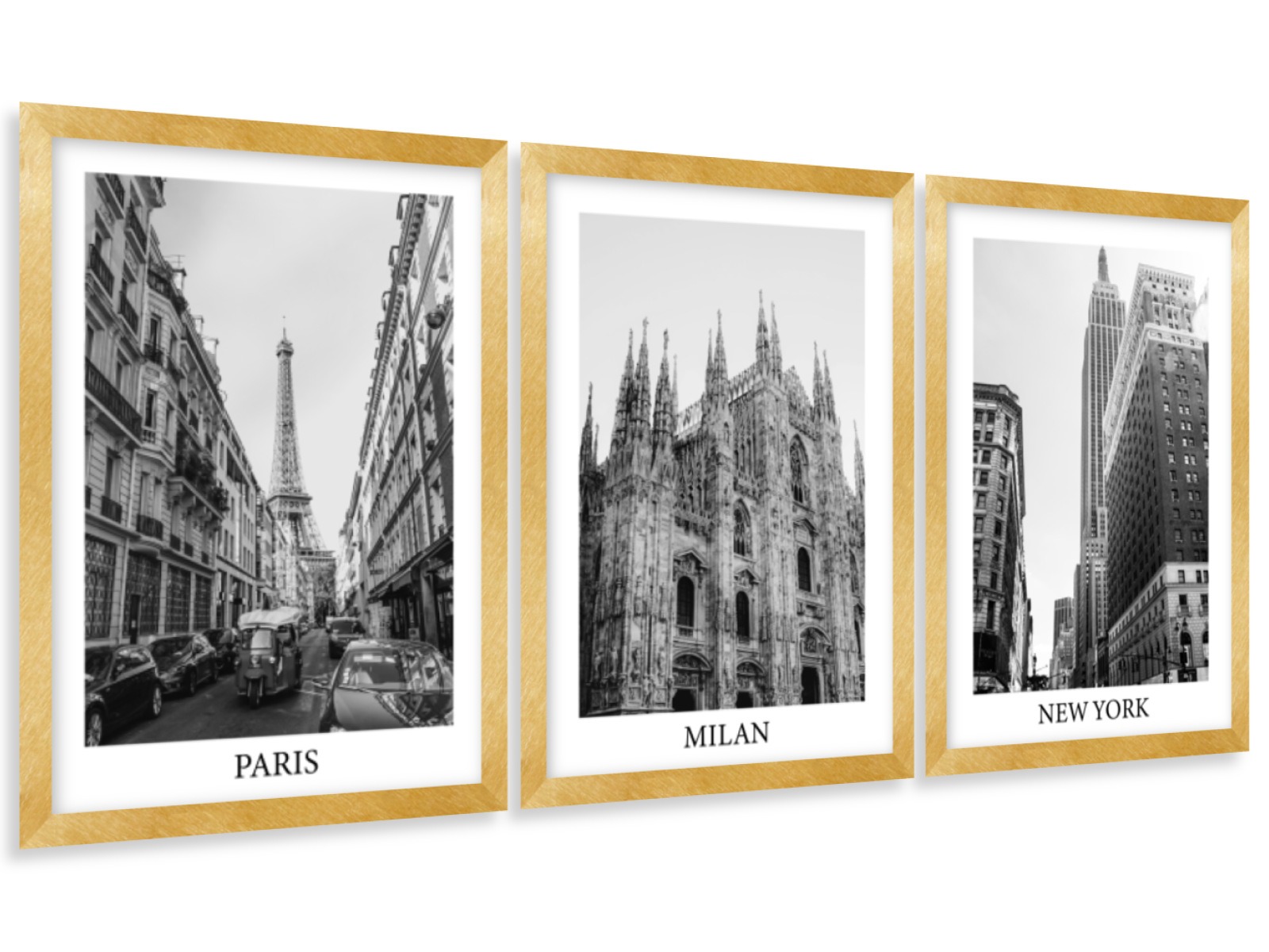 Gario Sada plagátov Paris, Milan, New York - 3 dielna Farba rámu: Zlatá, Veľkosť: 99 x 45 cm