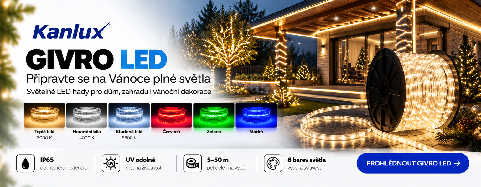 Kanlux GIVRO LED – světelné LED hady 5–50 m v 6 barvách, IP65 pro venkovní a vánoční osvětlení