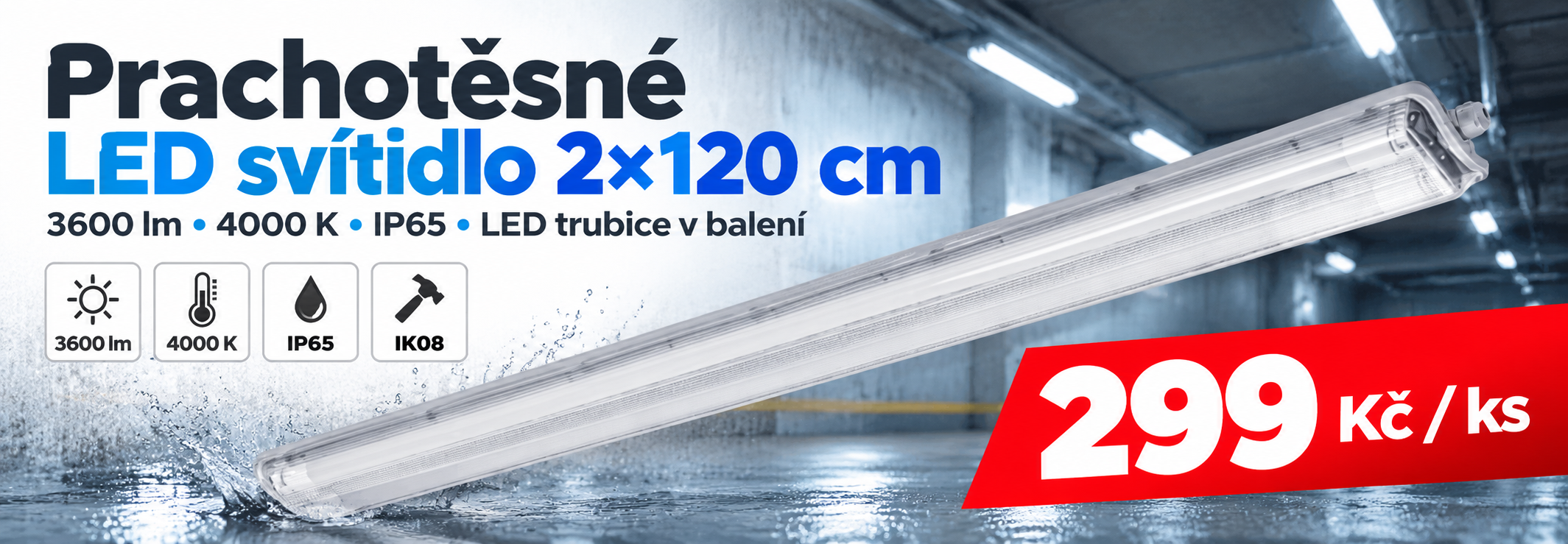 Prachotěsné LED svítidlo GTV pro 2×120 cm LED trubice, 36 W, 3600 lm, 4000 K, IP65 a IK08