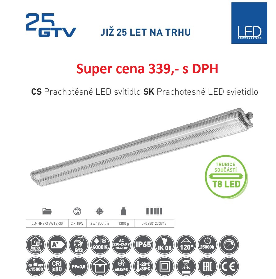 Prachotěsné svítidlo s LED zářivkami 2x120cm 3600lm, které jsou souačásti balení.