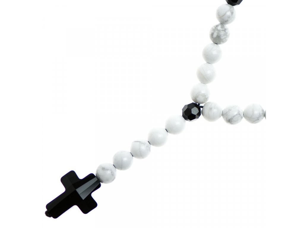 Glosery náhrdelník v tvare ruženca s lesknúcim krížikom a disko guľami od Swarovski®, howlite 6-8mm
