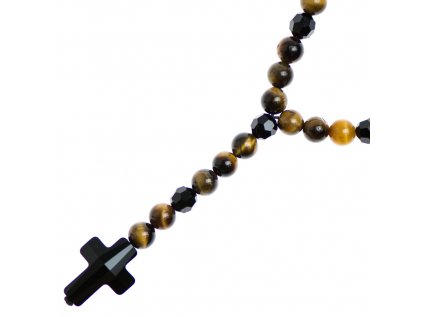 Glosery náhrdelník v tvare ruženca s lesknúcim krížikom a disko guľami od Swarovski®, tigrie oko 6-8mm