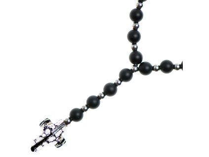 Glosery náhrdelník v tvare ruženca s lesknúcim krížikom od Swarovski®, matný / lesklý achát, tigrie oko, howlite 6-8mm, chir. oceľ 4mm