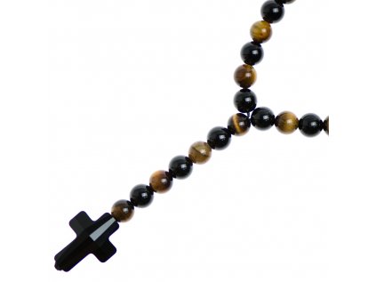 Glosery náhrdelník v tvare ruženca s lesknúcim krížikom od Swarovski®, matný / lesklý achát, tigrie oko 6-8mm
