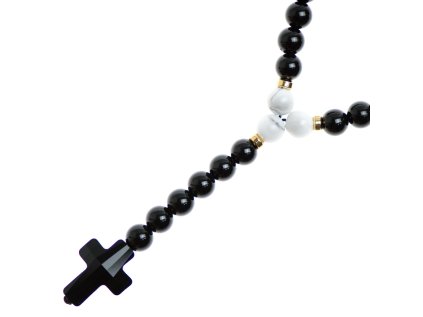 Glosery náhrdelník v tvare ruženca s lesknúcim krížikom od Swarovski®, stopery, matný / lesklý achát a howlite 6mm