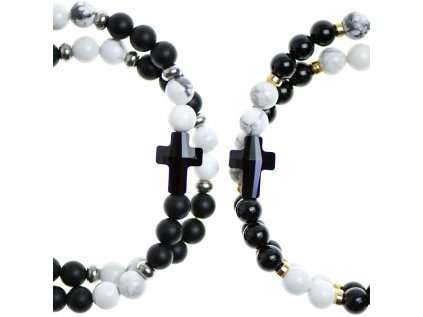 Partnerský wrap Glosery náramok s lesknúcim krištáľom v tvare krížika od Swarovski®, pozlátené stopery, lesklý / matný čierny achát a howlite 4-6mm