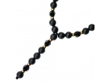 Glosery náhrdelník v tvare ruženca s disko guľami, krížikom od Swarovski®, stopery, lesklý / matný čierny achát 6-8mm