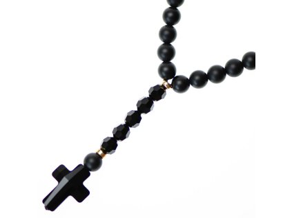 Luxusný Glosery náhrdelník v tvare ruženca s lesknúcim krížikom a disko guľami od Swarovski®, stopery, lesklý / matný čierny achát 6-8mm