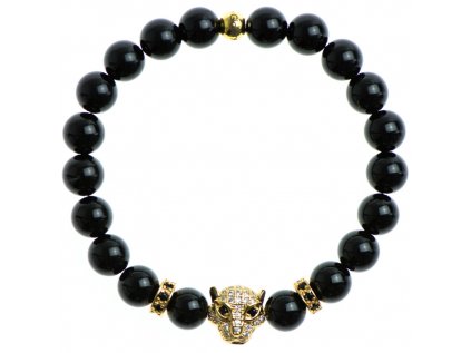 Zirkónový leopard a stopery, lesklý čierny achát 8mm