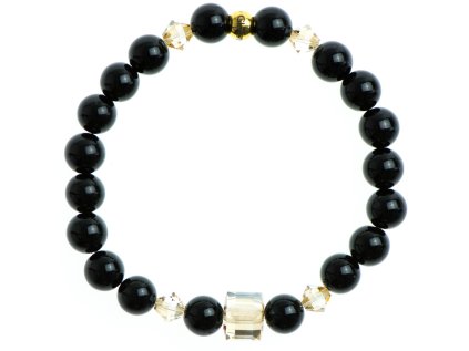 Glosery náramok zdobený krištáľmi, lesklý čierny achát 8mm