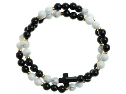 Wrap Glosery náramok s lesknúcim krištáľom v tvare krížika, pozlátené stopery, lesklý / matný čierny achát a howlite 4-6mm