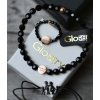 Glosery korálkový náramok s medailónom, howlite / lesklý - matný čierny achát, krištále 4-6mm