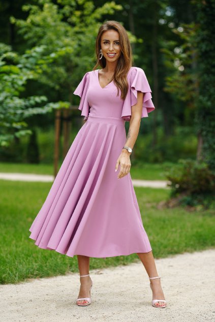 Růžovo-fialové midi šaty s volánky (Veľkosť 44)