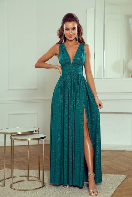 Dlouhé večerní smaragdové třpytivé šaty (Veľkosť 44)