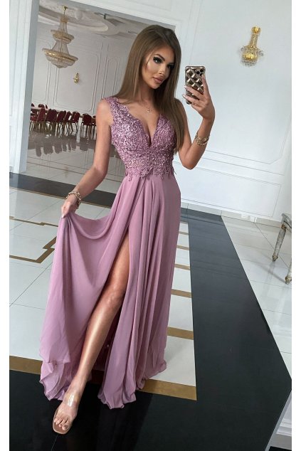 Dlouhé večerní růžovo-fialové šaty s krajkou (Veľkosť 38)