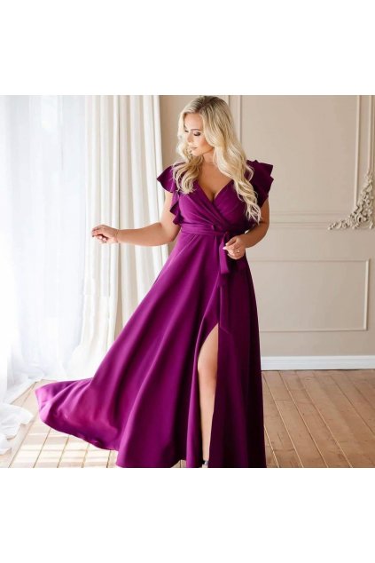 Dlouhé večerní fialové šaty s volánky (Veľkosť 44)
