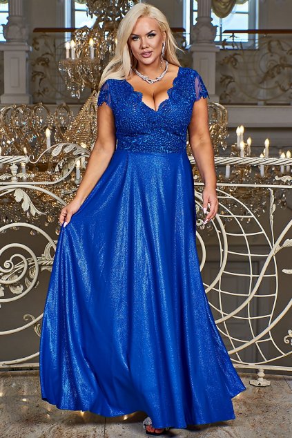 Dlouhé společenské královsky modré krajkové šaty (Veľkosť 48)