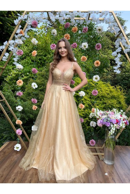 Dlouhé večerní zlaté šaty s tylovou sukní (Veľkosť 40)