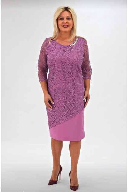 Růžovo-fialové šaty s asymetrickou krajkou (Veľkosť 52)