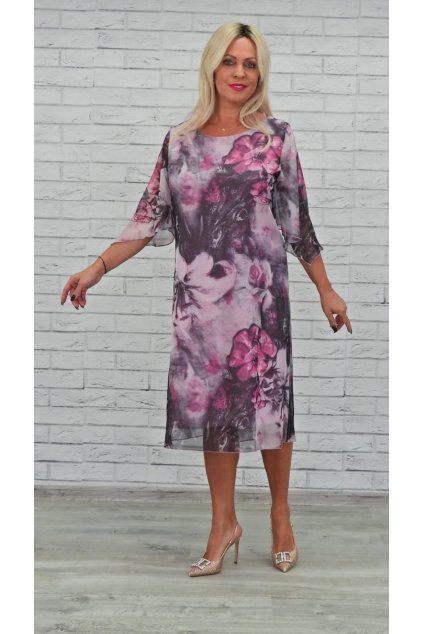 Růžové šifonové šaty s květinovým vzorem (Veľkosť 50)