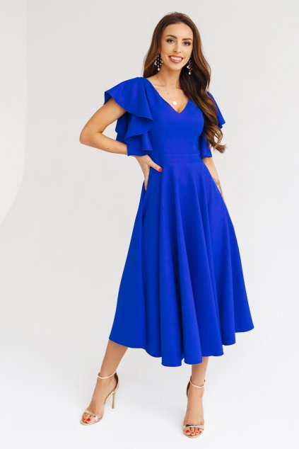 Královsky modré midi šaty s volány