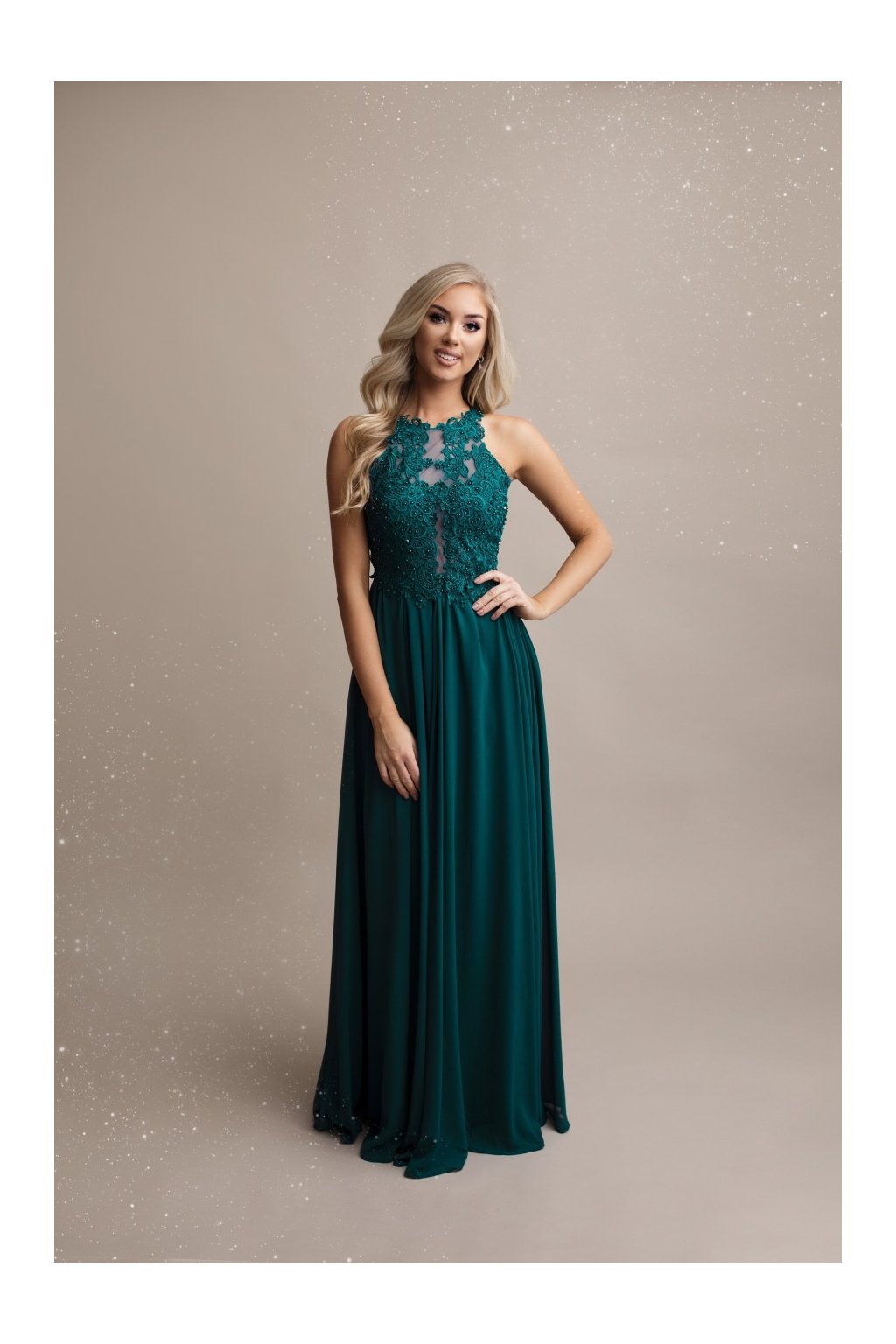 Dlhé spoločenské petrolejové šaty s čipkou