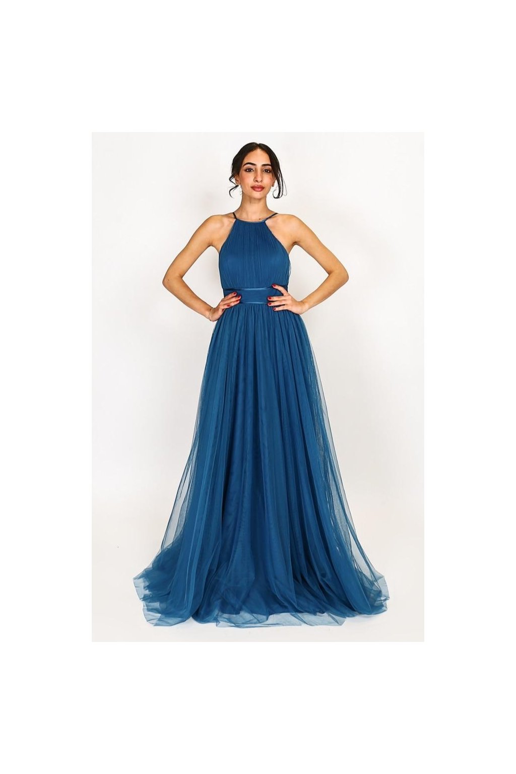 Dlouhé společenské petrolejové šaty s tylovou sukní