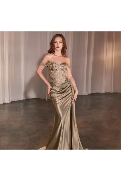 Dlouhé společenské zlaté korzetové šaty s padlými rameny