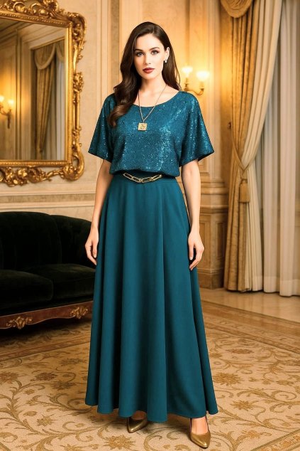 Dlouhé společenské mořské šaty s flitry a zlatou ozdobou