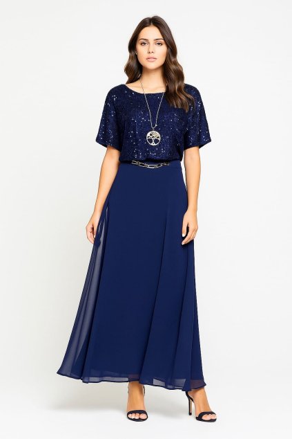 Dlouhé společenské tmavě modré šaty s flitry a zlatou ozdobou