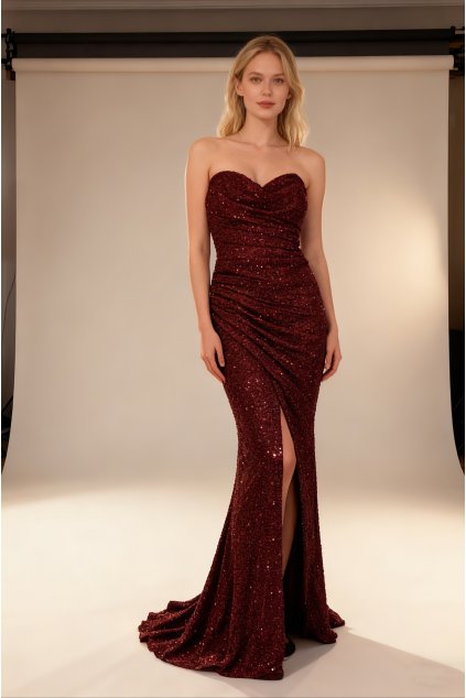 Dlouhé společenské bordó flitrované šaty na vázání