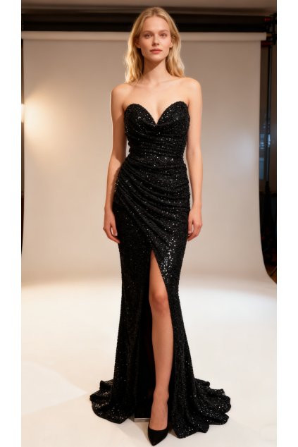 Dlhé spoločenské čierne flitrované šaty na viazanie