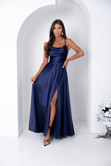 Dlouhé společenské tmavě modré saténové šaty s vázáním