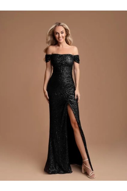 Dlhé spoločenské čierne flitrované šaty s padnutými ramenami