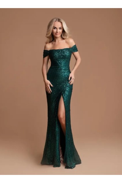 Dlhé spoločenské zelené flitrované šaty s padnutými ramenami