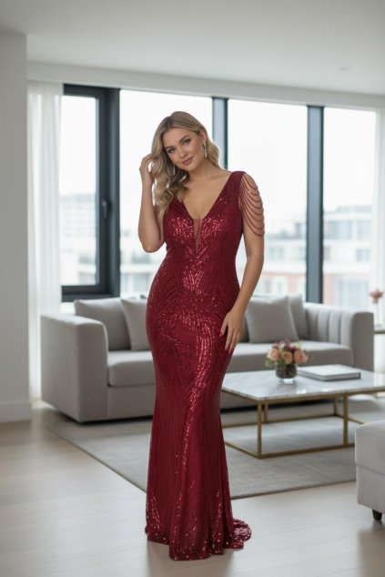Dlouhé společenské bordó flitrované šaty s kamínky