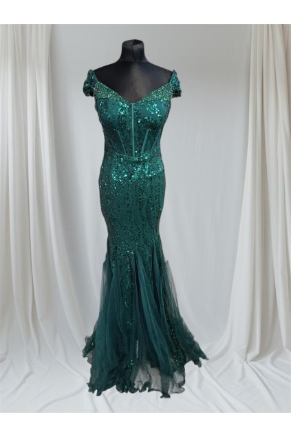 Dlhé spoločenské zelené korzetové šaty s flitrami a padnutými ramenami