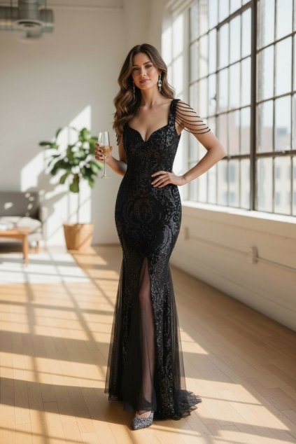 Dlhé spoločenské čierne flitrované šaty s kamienkami na ramenách