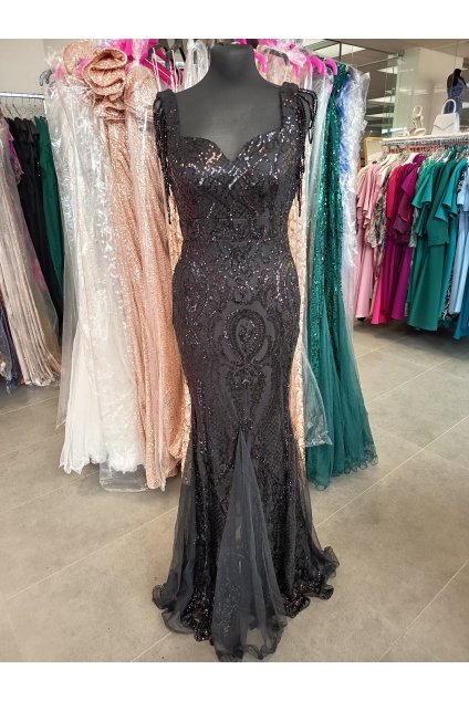 Dlouhé společenské černé flitrované šaty s kamínky na ramenou