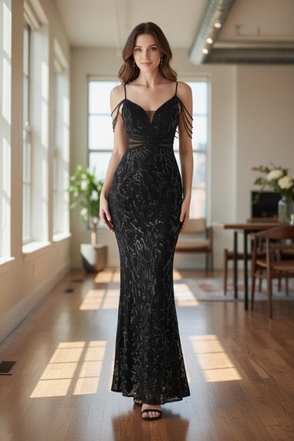 Dlouhé společenské černé flitrované šaty na ramínka s kamínky
