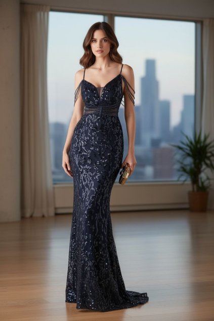 Dlhé spoločenské tmavomodré flitrované šaty na ramienka s kamienkami