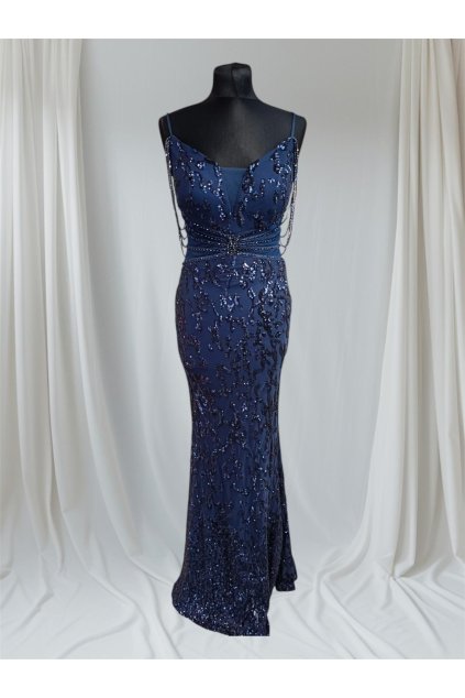 Dlhé spoločenské tmavomodré flitrované šaty na ramienka s kamienkami